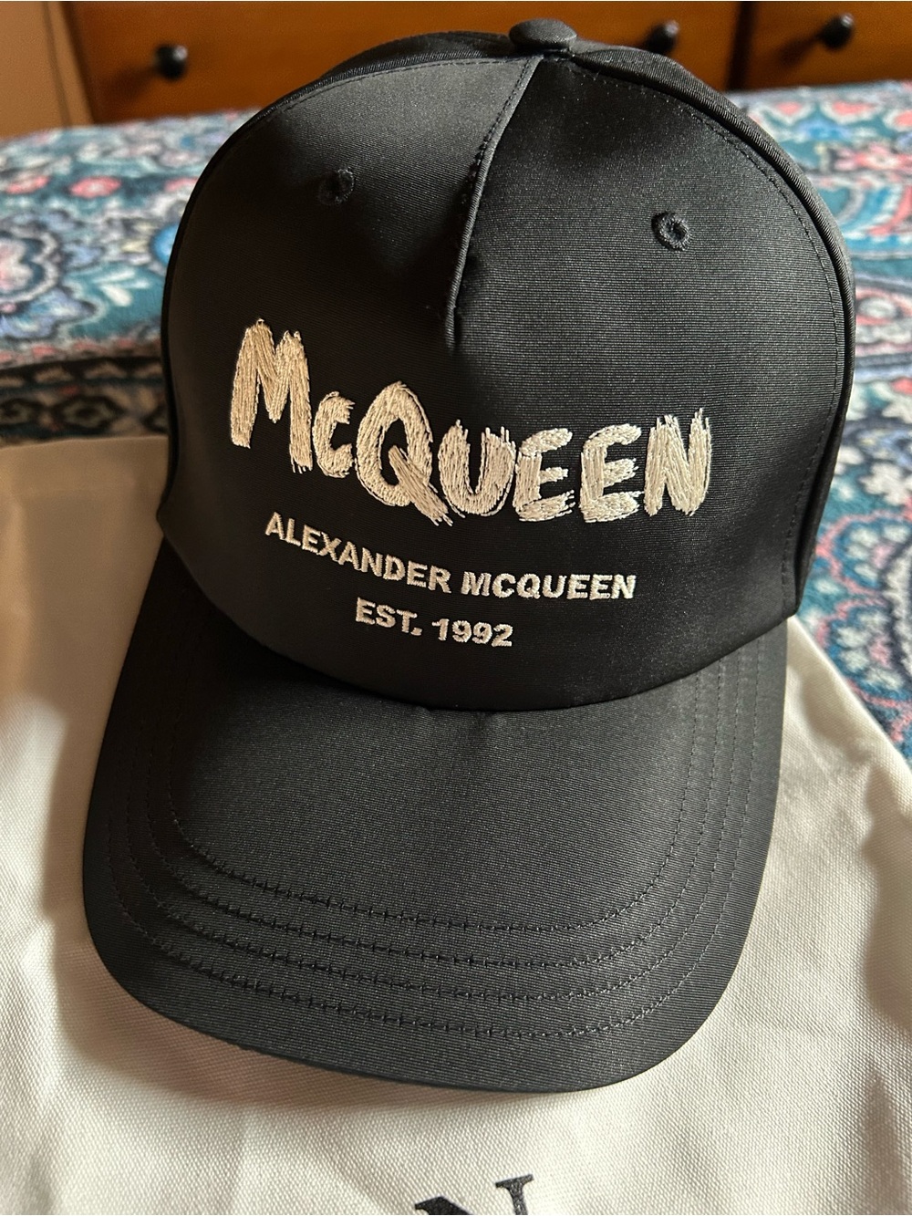 NWT Alexander McQueen Black Graffiti Cap with White Embroidered Logo